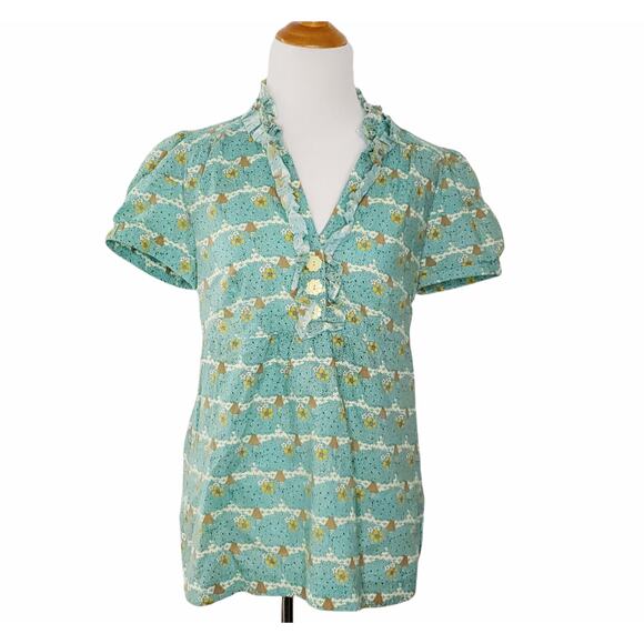 Ivy Jane Retro 60s Print Blouse Ruffle Blue Tree Hippie Whimsical Small - Picture 1 of 9